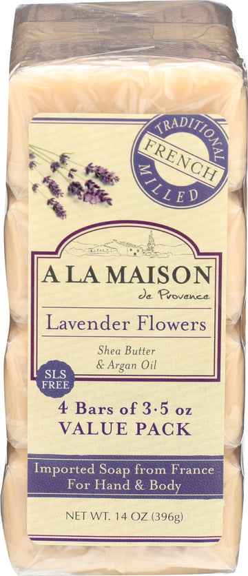 A LA MAISON front packaging showing four lavender bars and travel-friendly size benefit