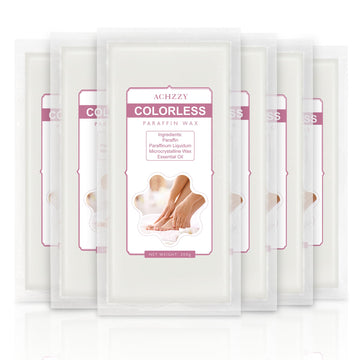 Achzzy front view of six unscented paraffin wax blocks, shows pack value and clarity