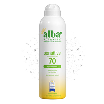 Alba Botanica front bottle view showing SPF 70 protection and travel size benefit