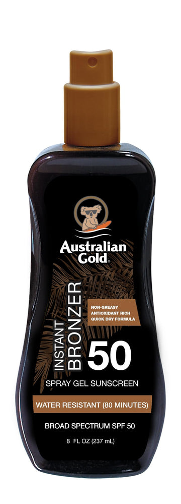 Australian Gold front view of spray gel bottle shows SPF 50 protection and bronzer benefit