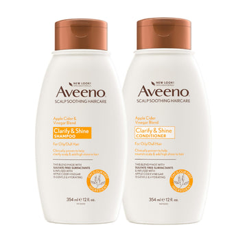 Aveeno front packaging showing both bottles for clarifying and shine