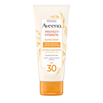 Aveeno front packaging SPF 30 showing travel-size bottle and clear protection benefit