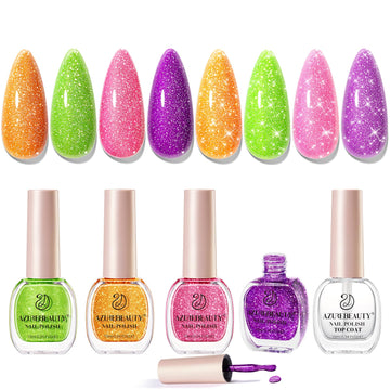 AZUREBEAUTY front packaging showing four neon glitter bottles and top coat for gifting