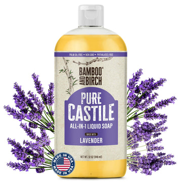 BAMBOO AND BIRCH front label on 32 oz bottle showing product name and lavender