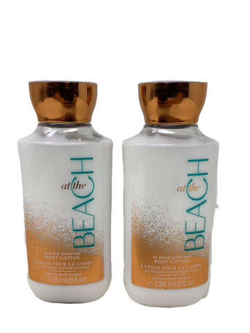 Bath & Body Works front bottle showing At The Beach label and moisturizing benefit