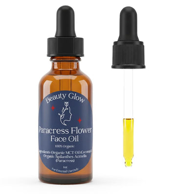 Beauty Glow front bottle showing paracress facial oil and clear glass packaging