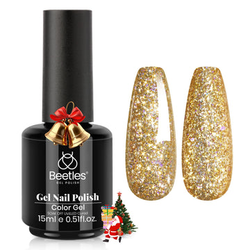 Beetles bottle front showing gold glitter polish and brand for instant glam