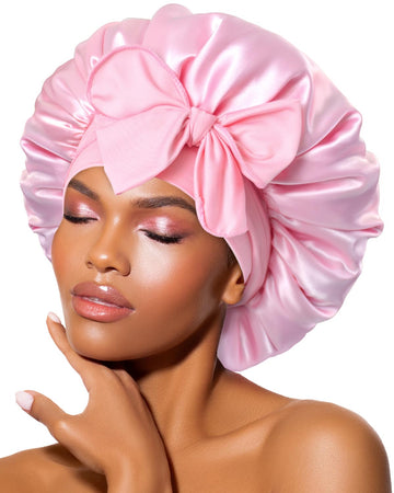 BONNET QUEEN front view showing pink satin crown and secure band benefit sleep protection