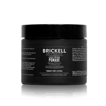 Brickell Men's pomade front packaging showing jar and branding benefits