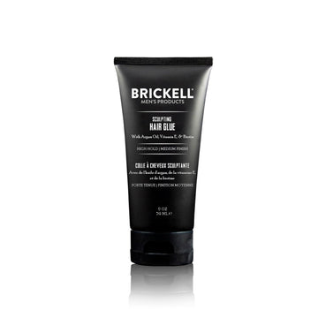 Brickell sculpting hair glue front packaging shows compact travel-ready tube and branding benefit