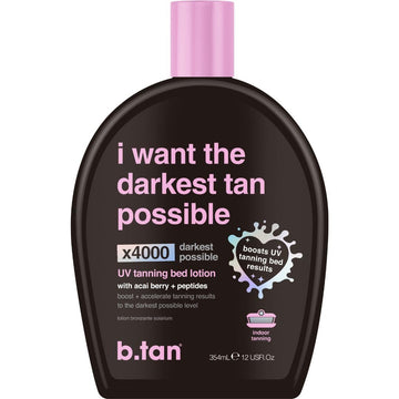 B.TAN bottle front view showing product branding and dark tanning promise