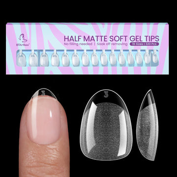 BTArtbox front packaging showing 320 extra short almond nail tips and clear product view