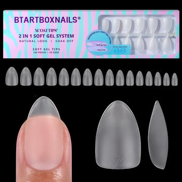 BTArtboxnails packaging showing 160 clear short almond tips, ready for fast application