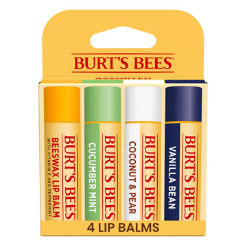 Burt's Bees multipack front packaging showing four flavor tubes and portability benefit