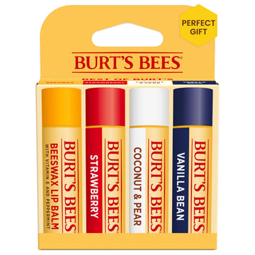 Burt's Bees front packaging showing four-flavor lip balm pack and benefits