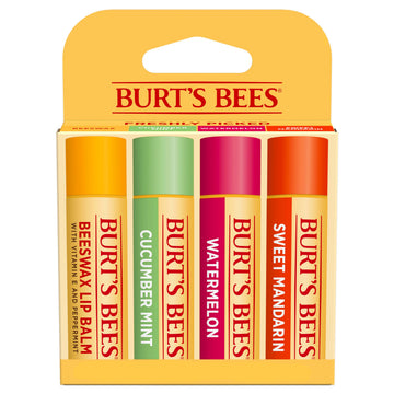 Burt's Bees front packaging showing four flavored lip balm tubes for easy selection