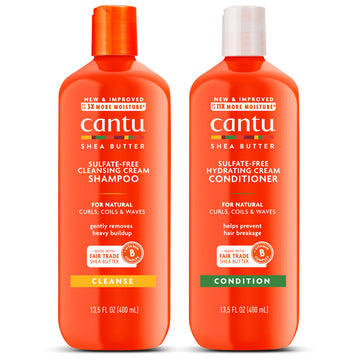 Cantu front packaging of shampoo and conditioner showing duo and benefits