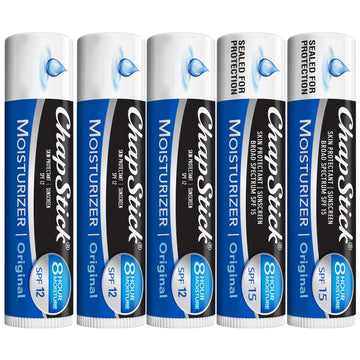 ChapStick front packaging five-pack showing tubes and SPF benefits
