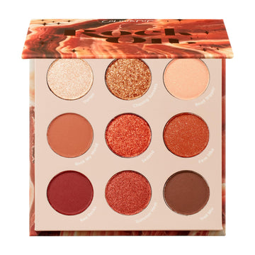 ColourPop palette front open showing nine warm terracotta shades and finishes for versatile looks