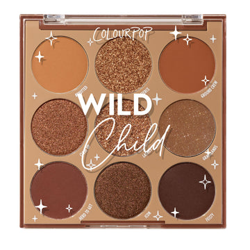 ColourPop Wild Child front view showing nine chocolate brown pans and packaging, versatile looks