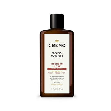 Cremo front label showing Bourbon & Oak scent and bottle benefits