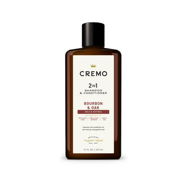 Cremo bottle front packaging showing bourbon and oak scent and clear branding benefits