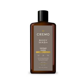 Cremo bottle front packaging showing label and vintage suede scent benefit