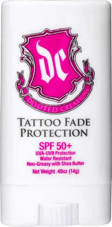 Devoted Creations front packaging view showing compact SPF 50+ stick protecting tattoos