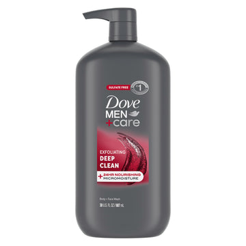 Dove Men+Care front packaging showing 30 oz exfoliating deep clean and benefits