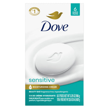 Dove front packaging shows six fragrance-free bars and clear labeling benefit