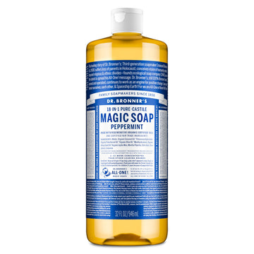 Dr. Bronner's peppermint bottle front label showing product details and benefits