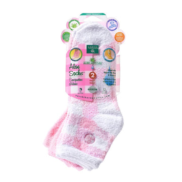 Earth Therapeutics pink plaid aloe socks front view showing two pairs for moisturizing comfort