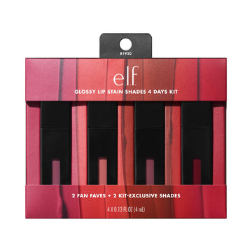 e.l.f. front packaging showing four gloss stain tubes, travel-friendly variety