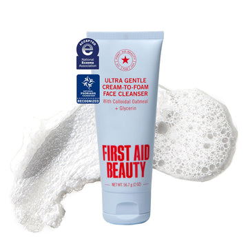 First Aid Beauty front packaging showing travel 2 oz pump and branding benefits