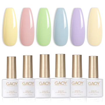 GAOY front packaging showing all six pastel gel shades and benefits