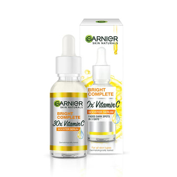 Garnier front packaging showing bottle and brightening claim benefit