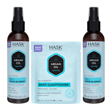 HASK argan oil duo front packaging showing both 6oz sprays and packette for complete care