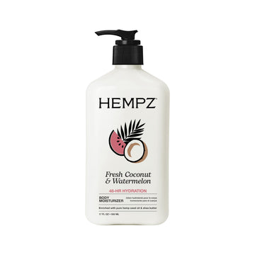 Hempz front bottle of Fresh Coconut & Watermelon body lotion showing brand and scent benefits