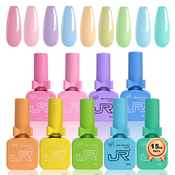 JR macaron gel set front packaging shows nine pastel bottles and benefits