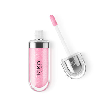 Kiko Milano front tube showing pearly pink gloss and metallic cap for premium look