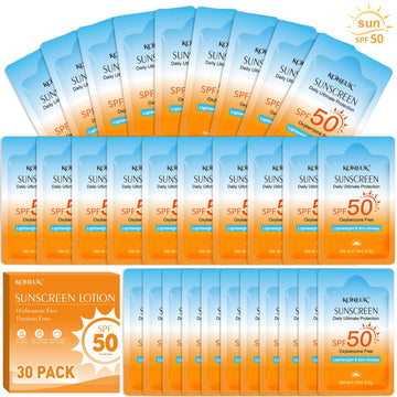KONEUK front pack display showing 30 compact sunscreen sachets for easy storage