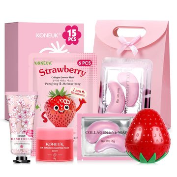 KONEUK front packaging showing all 15 strawberry skincare items and presentation benefit
