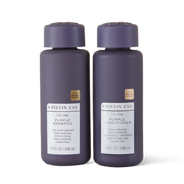 Kristin Ess front packaging showing purple shampoo and conditioner, easy anti-brass solution