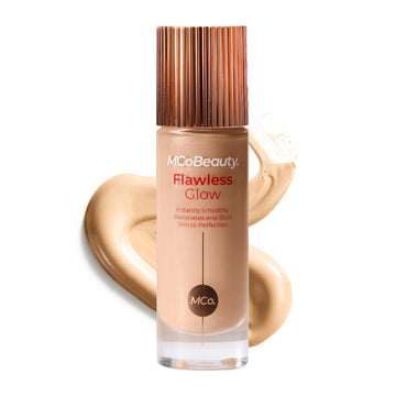MCoBeauty front packaging of Flawless Glow showing compact bottle and label benefits