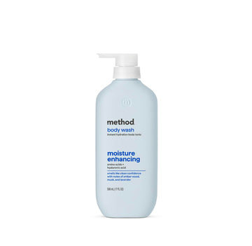 Method bottle front view showing label and scent, highlights gentle cleansing benefit
