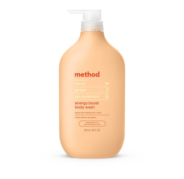 Method front bottle showing label and citrus-ginger scent, energizes morning routines