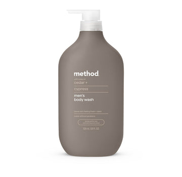 Method Men cedar and cypress front bottle showing full 28 oz size and woodsy packaging benefits