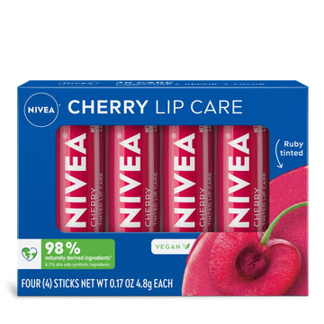NIVEA cherry front packaging showing four tinted balm sticks and benefits
