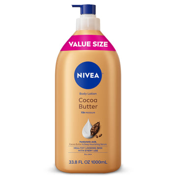 NIVEA front packaging of cocoa butter lotion shows product and benefits