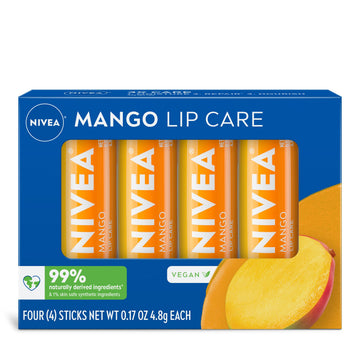 NIVEA mango front packaging showing four lip balm sticks and benefits